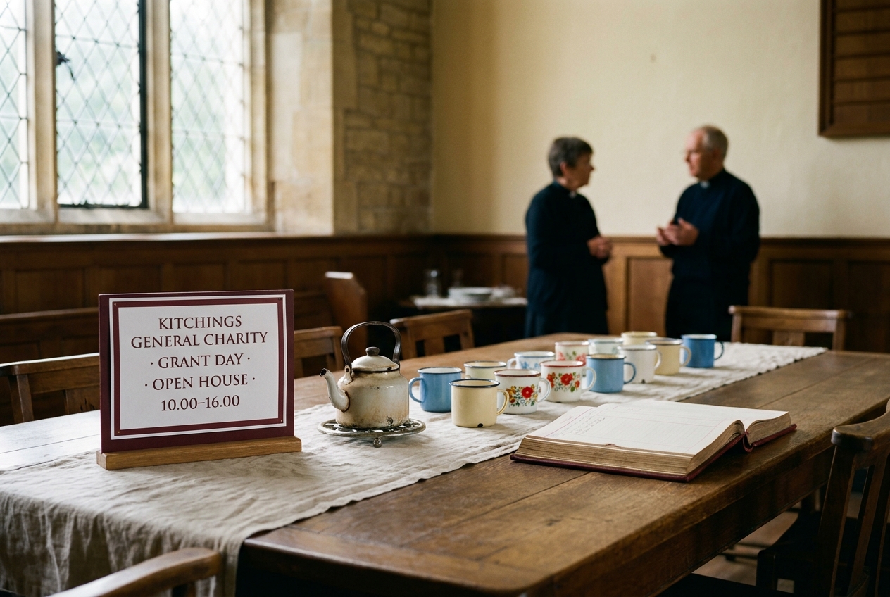 The Old Vestry at Bardney open to the parish, tea cups on the long table, the ledger open to a recent page
