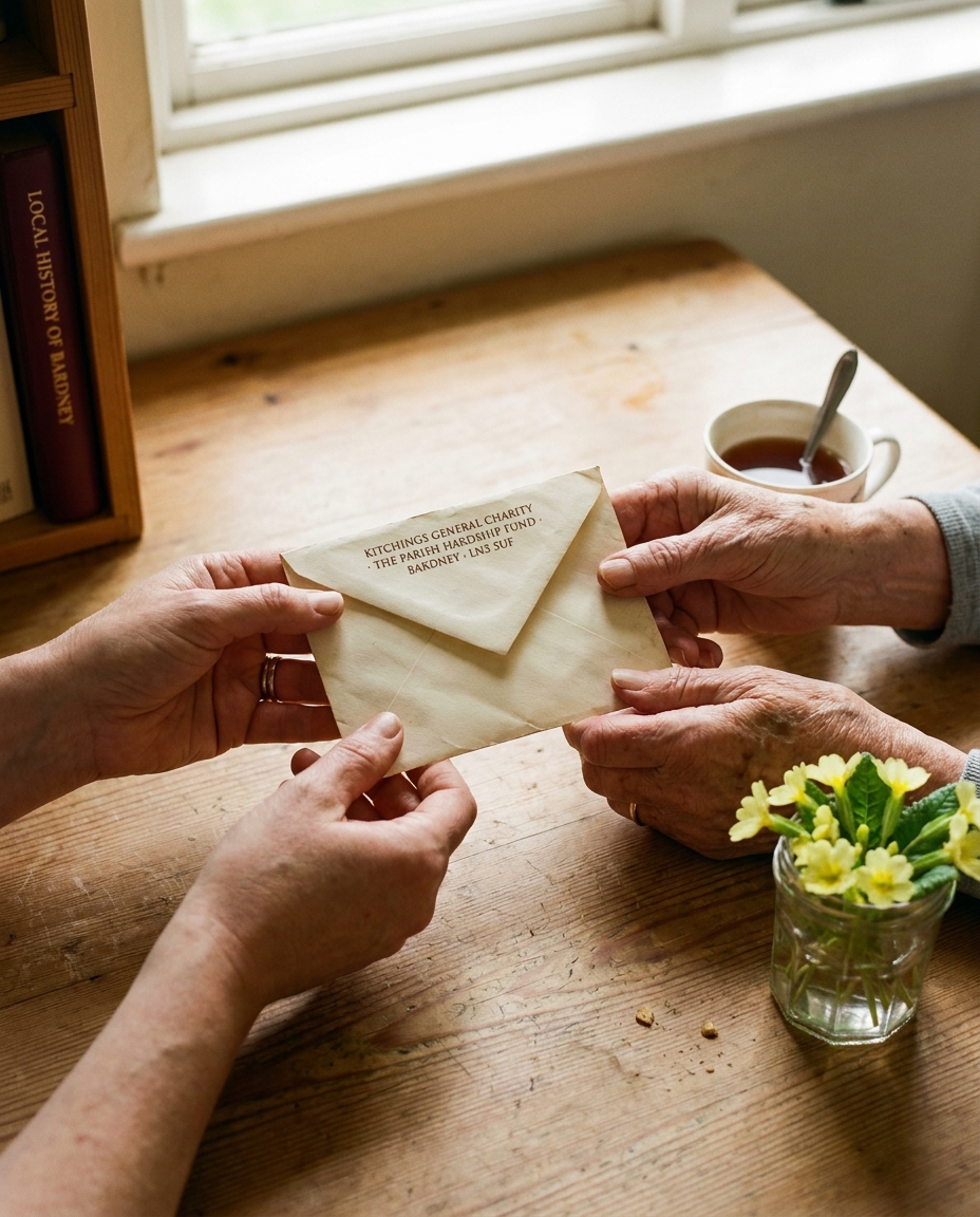 A young mother and an older neighbour at a doorway in Bardney, a folded envelope passing between them
