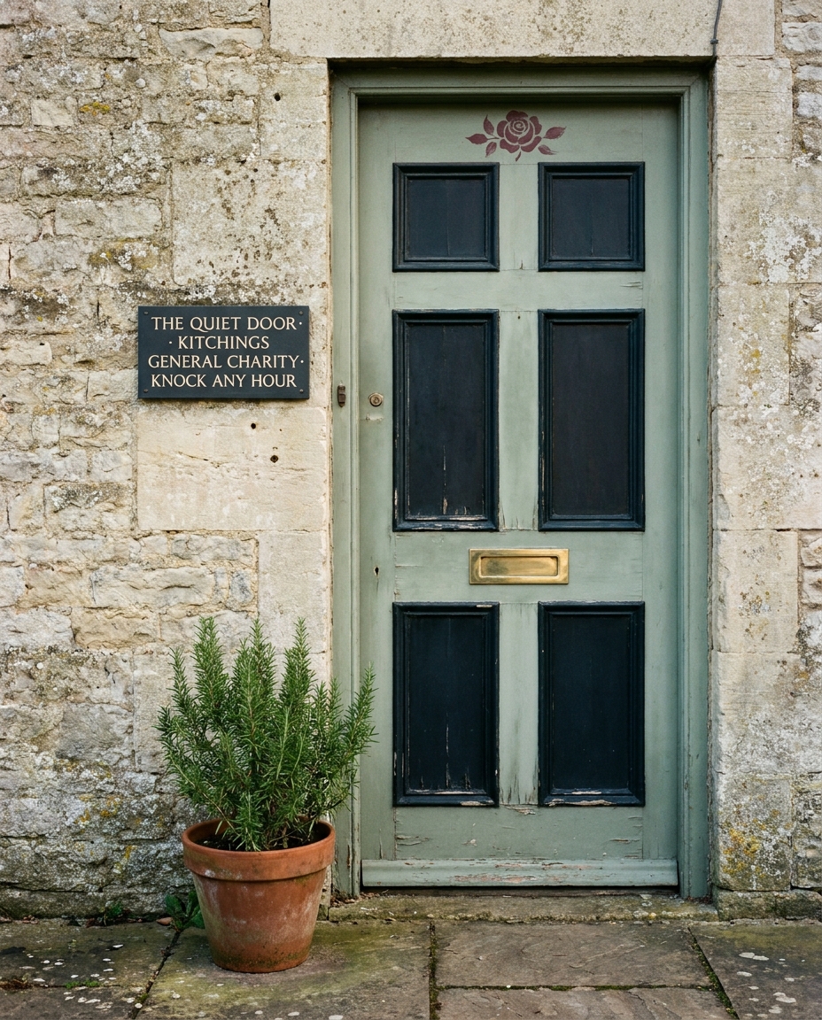 A wooden side door at the back of Bardney parish hall, painted a faded green, light catching the brass handle