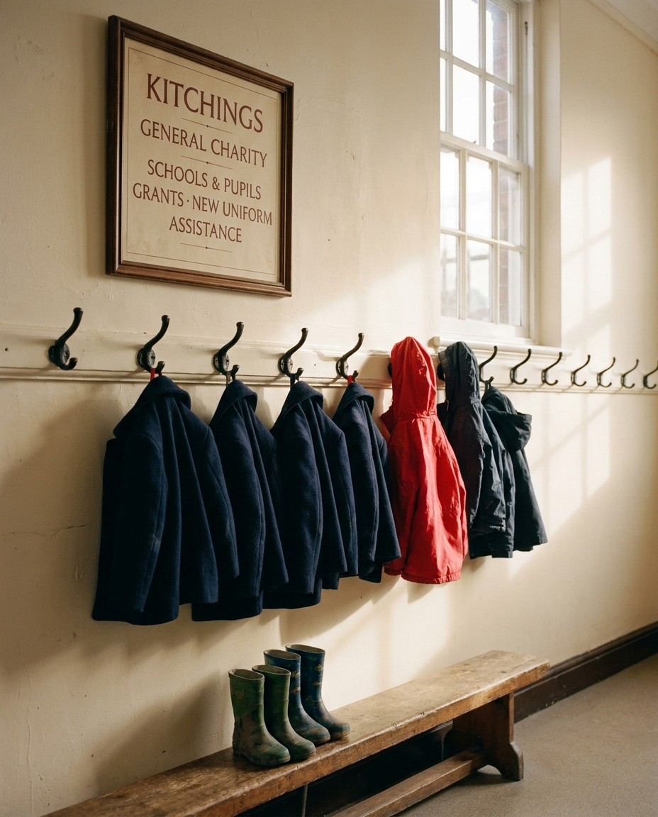 A row of primary-school coats on hooks in a corridor, late afternoon light through a tall window