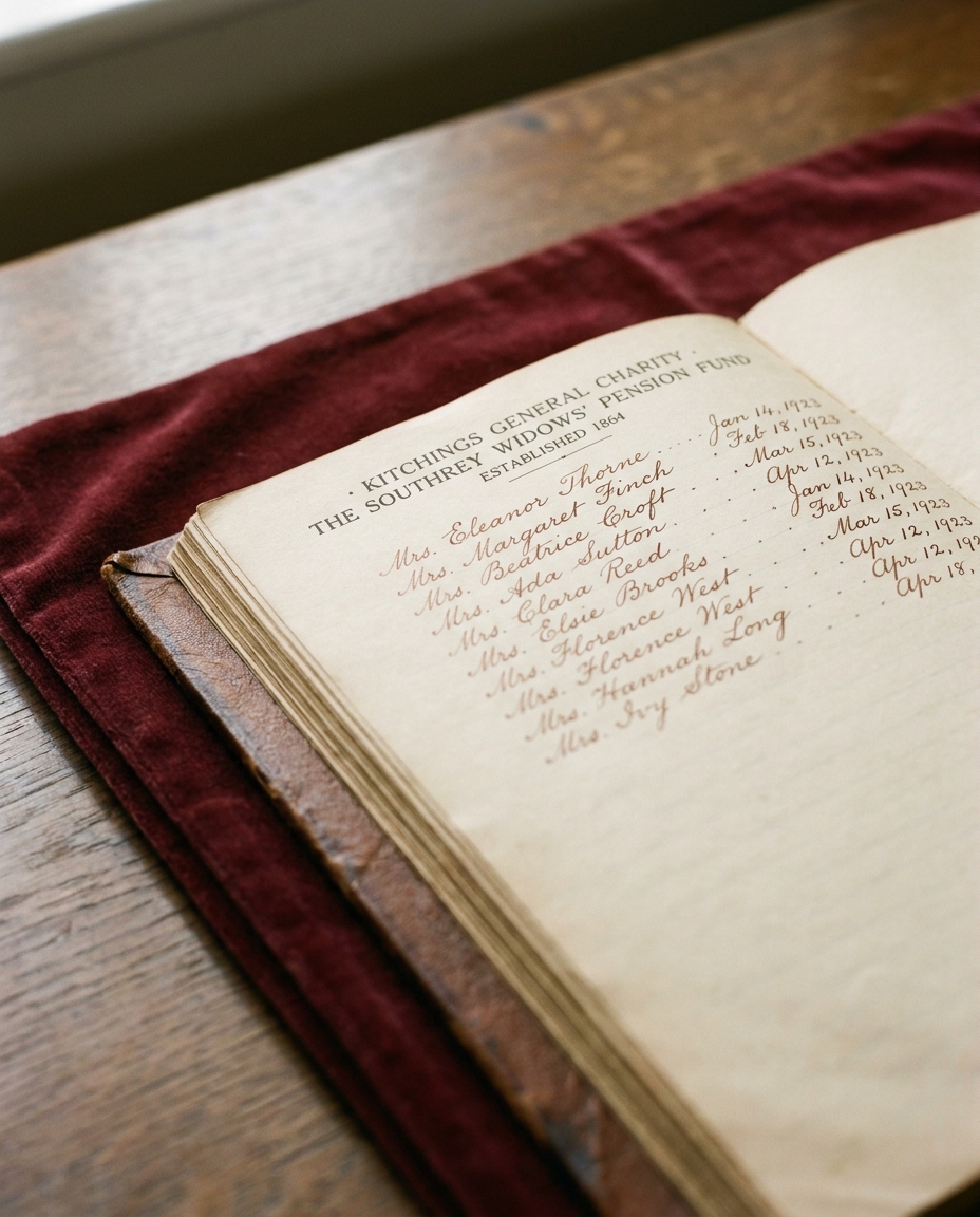 A handwritten ledger page with a column of pensioners' names from Southrey, kept in a leather binder