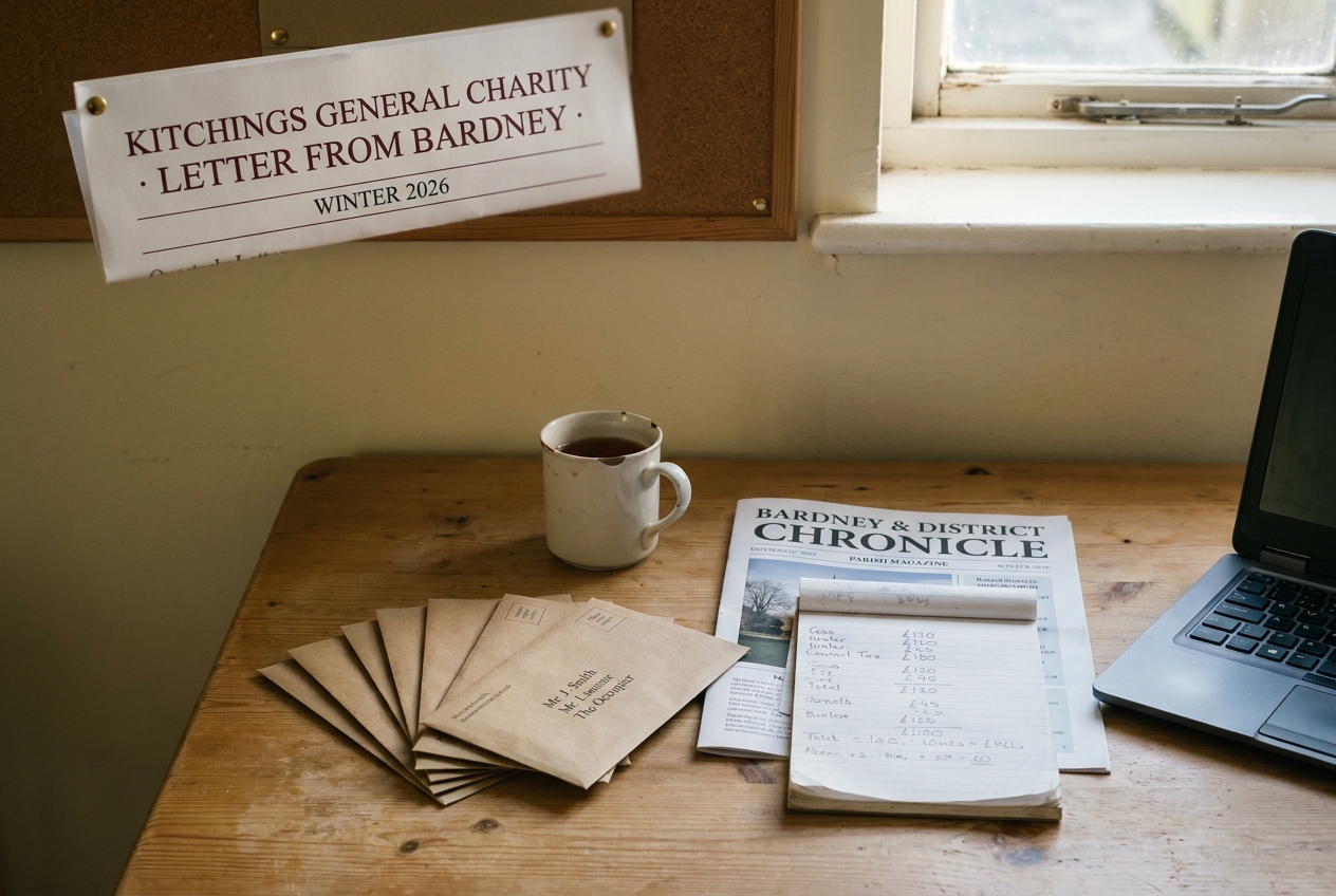A kitchen table in January with a pile of bills, a half-drunk cup of tea, low daylight from a small window