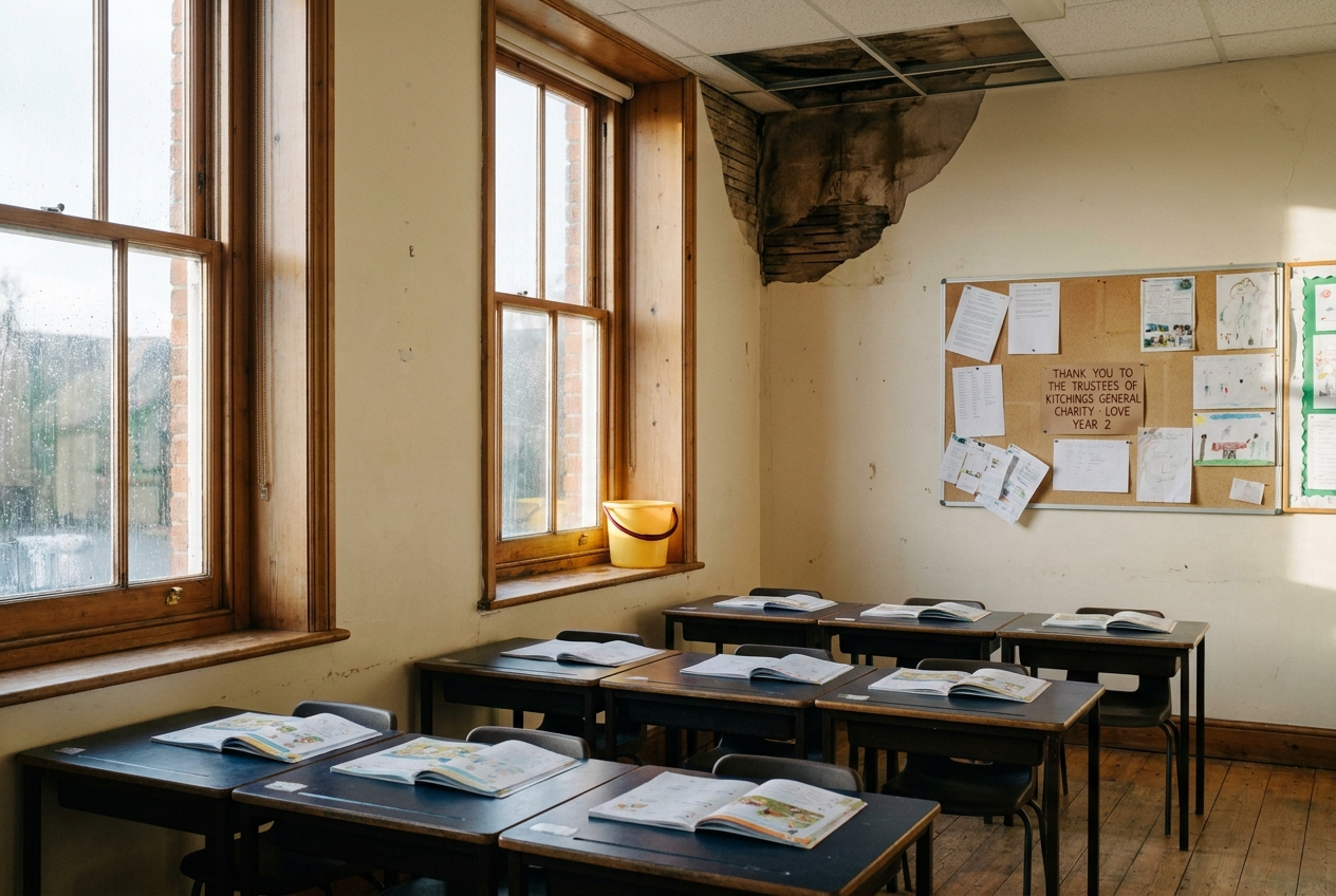 A primary-school classroom in Bardney with rain marks on the ceiling tiles, books open on small desks