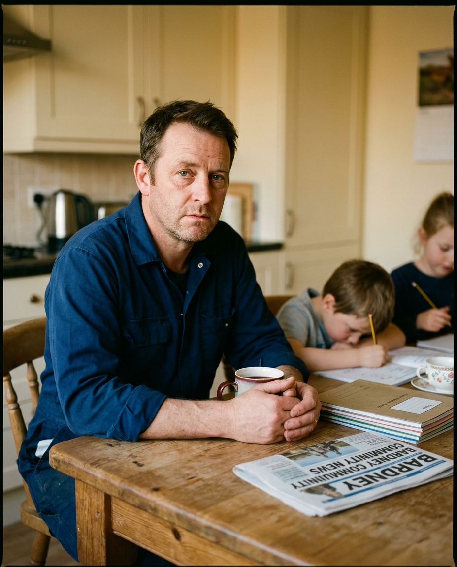 Philip, 44, of Bardney, sitting at his kitchen table with two of his children doing homework
