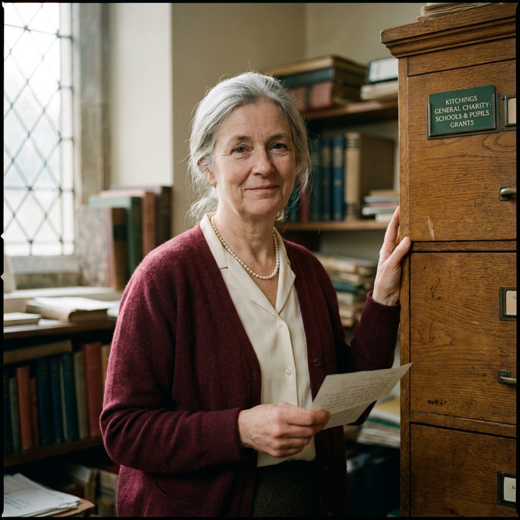 Katie East, trustee, photographed beside the old wooden filing cabinet in the vestry office